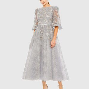 NWT Mac Duggal Platinum High Neck Puff Sleeve Lace Midi Dress Style 20418 Size 8